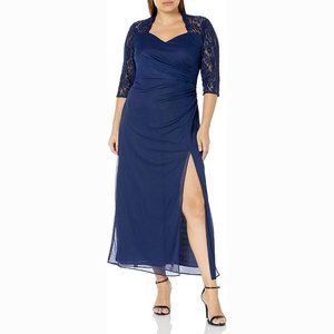 ALEX EVENINGS Lace Yoke & Sleeves Ruched Gown In Navy